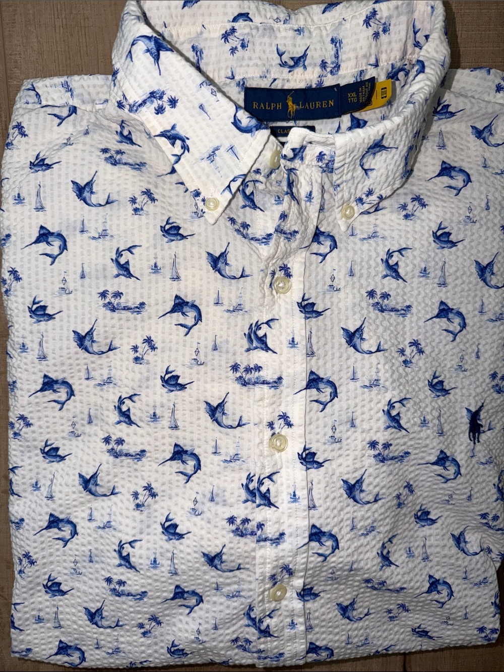 Ralph Lauren Classic RL Untucked Fit Marlin Seersucker SS button down Shirt-XXL